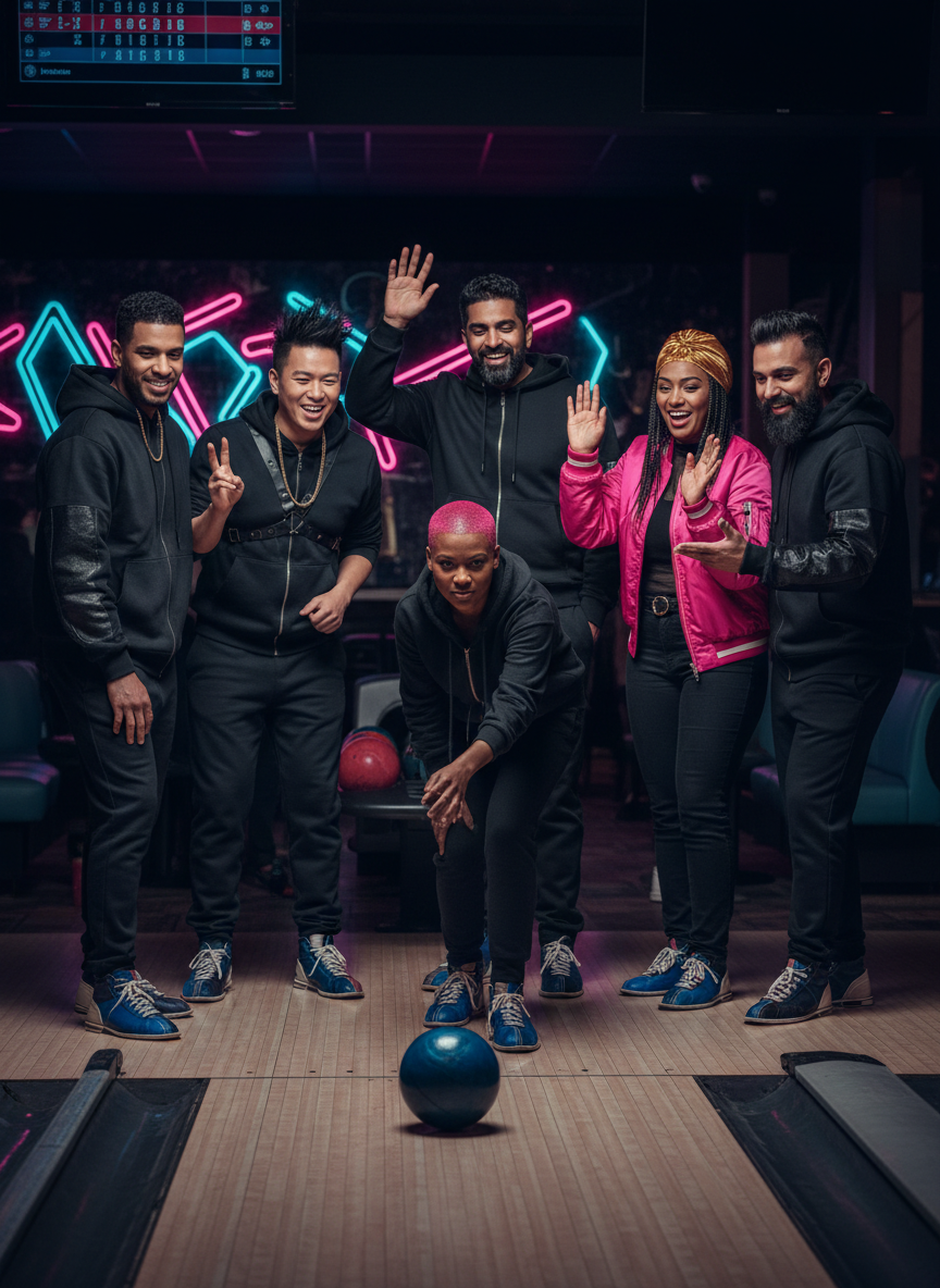 Refresh the Baddies VS Bros charity bowling event image with a genuinely multicultural group: Black, East Asian, South Asian, Latino, Indigenous, Middle Eastern and white adults together, with varied ages, styles and gender expressions. Show inclusive competition, friendship and community at a lively bowling venue. Keep the premium street-luxury editorial direction with black and charcoal, electric magenta, cobalt blue and warm gold accents, dramatic flash photography, no readable text or logos, portrait composition.