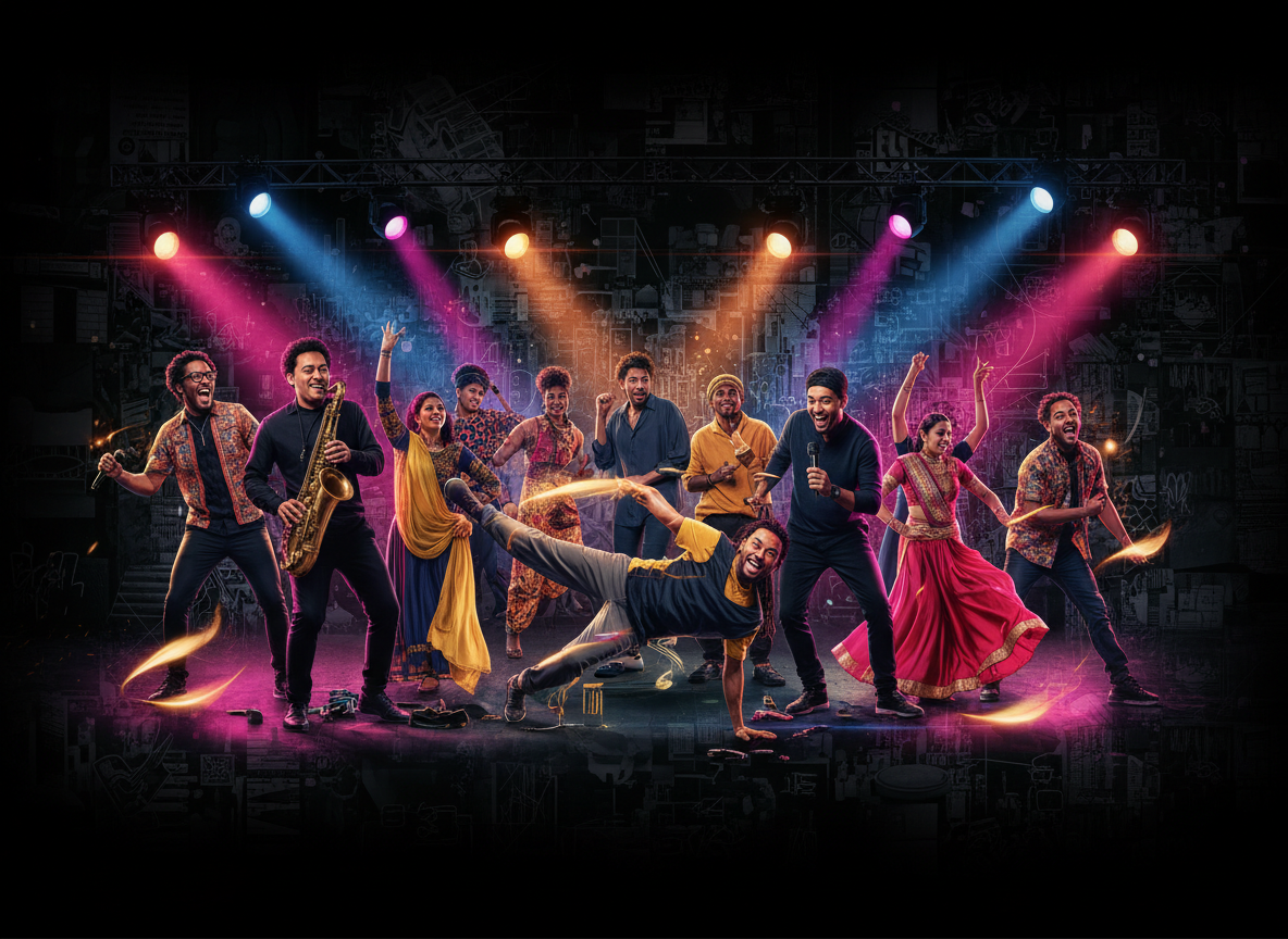 Refresh the What We Do image for Tha Emporium 13 with a genuinely multicultural group of performers, artists and community members: Black, East Asian, South Asian, Latino, Indigenous, Middle Eastern and white adults together, with varied ages, styles and gender expressions. Show a dynamic live cultural event with music, comedy, dance and celebration. Keep the premium street-luxury editorial direction, black and charcoal foundation with electric magenta, cobalt blue and warm gold accents, dramatic stage lighting, refined urban collage texture, no readable text or logos, landscape composition.