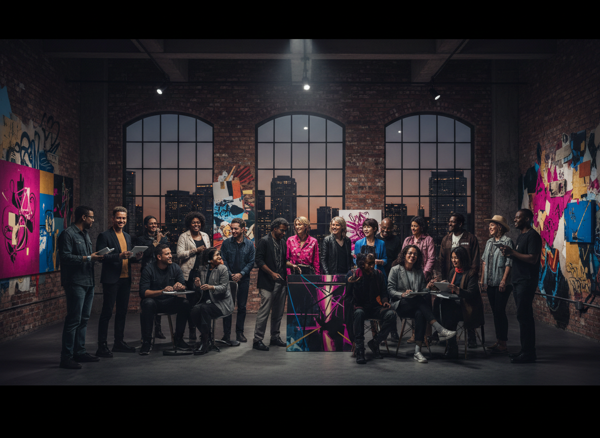 Refresh Tha Emporium 13’s Membership image with a genuinely multicultural creative community: Black, East Asian, South Asian, Latino, Indigenous, Middle Eastern and white adults together, with varied ages, styles, body types and gender expressions. Show a welcoming group gathered in a dramatic urban studio or gallery, expressing belonging, collaboration and cultural movement. Keep the premium street-luxury editorial direction, black and charcoal foundation with electric magenta, cobalt blue and warm gold accents, cinematic lighting, refined graffiti-collage texture, no readable text or logos, landscape composition suitable for a wide website cover.